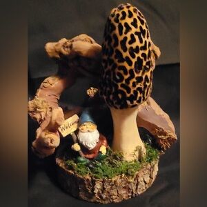 Whimsical Morel Mushroom & Gnome Wood Burned Sculpture